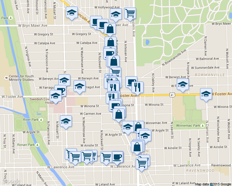 map of restaurants, bars, coffee shops, grocery stores, and more near 2460 U.S. 41 in Chicago