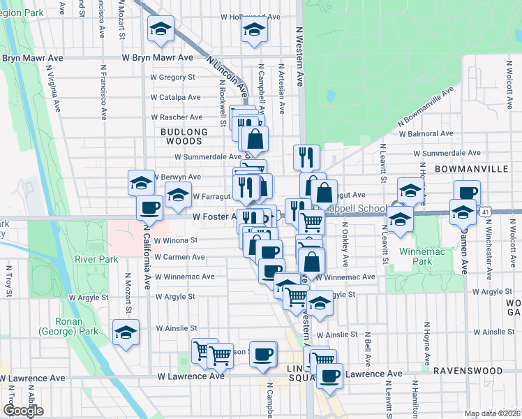 map of restaurants, bars, coffee shops, grocery stores, and more near 2472 West Foster Avenue in Chicago
