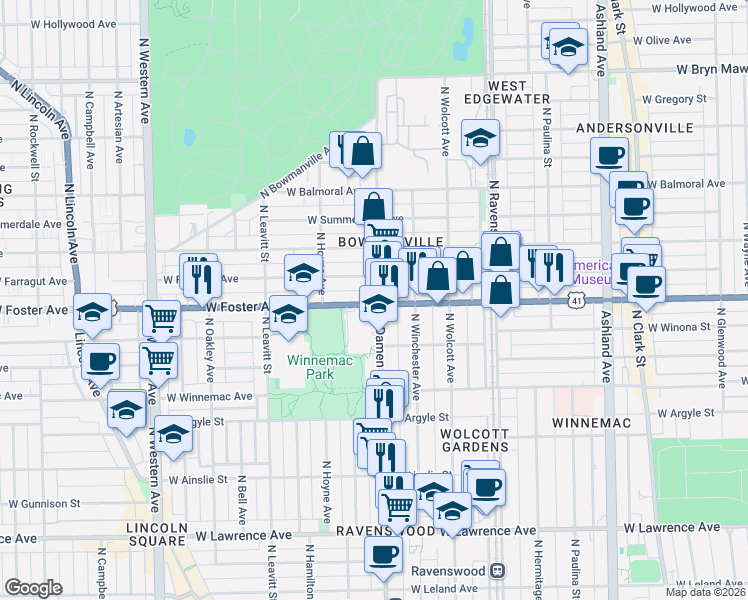 map of restaurants, bars, coffee shops, grocery stores, and more near in Chicago