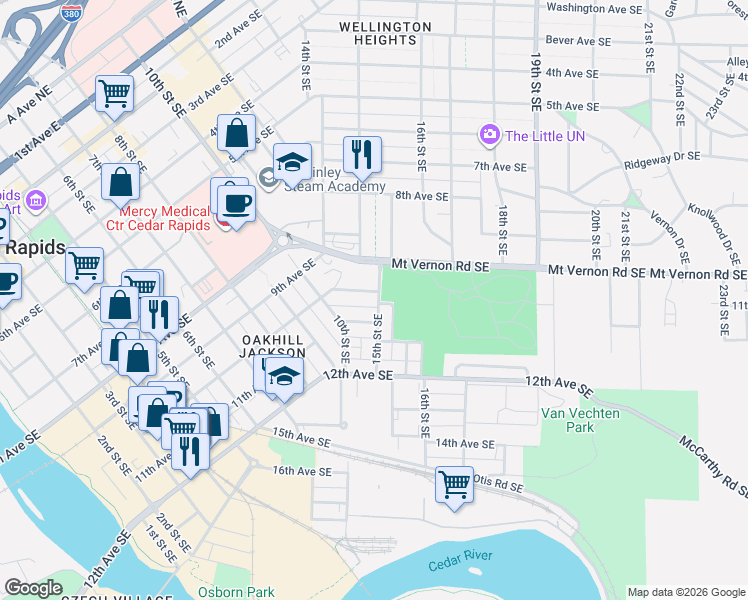 map of restaurants, bars, coffee shops, grocery stores, and more near 1055 10th Ave SE in Cedar Rapids