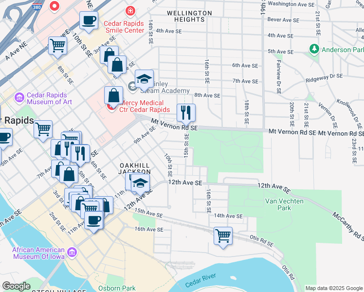 map of restaurants, bars, coffee shops, grocery stores, and more near 1055 10th Avenue Southeast in Cedar Rapids