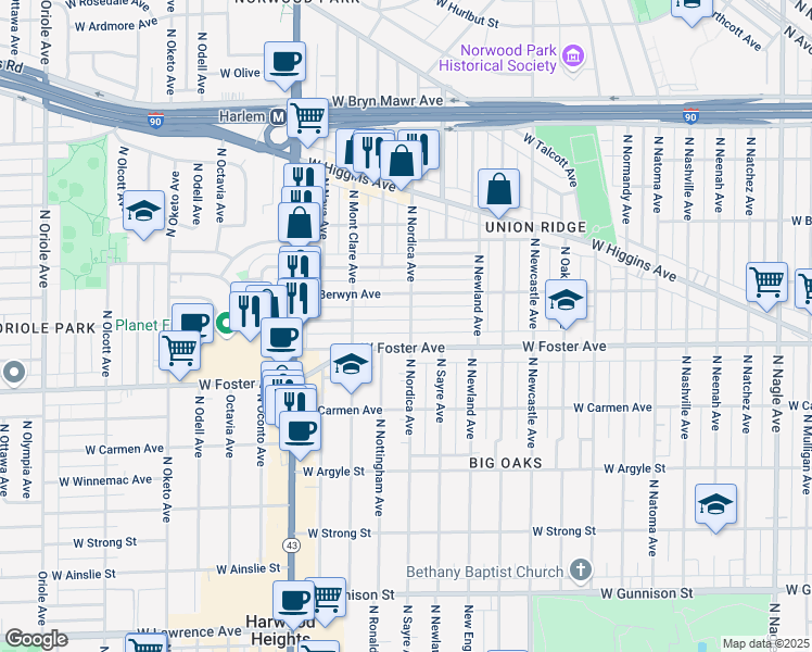map of restaurants, bars, coffee shops, grocery stores, and more near 7001 West Farragut Avenue in Chicago