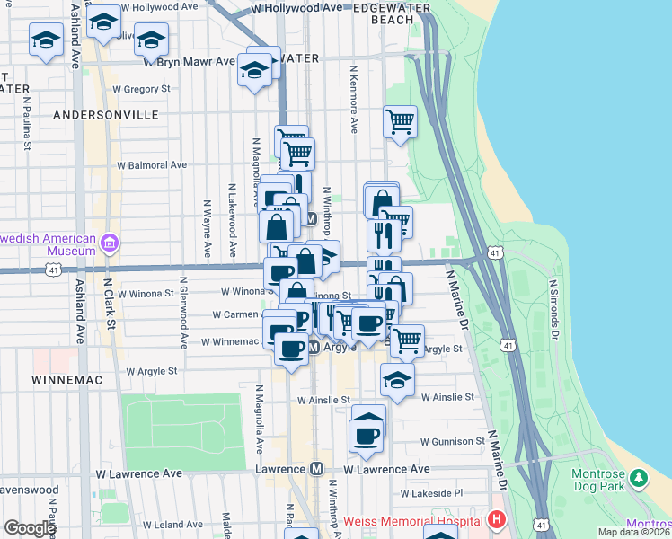 map of restaurants, bars, coffee shops, grocery stores, and more near 1049w West Foster Avenue in Chicago