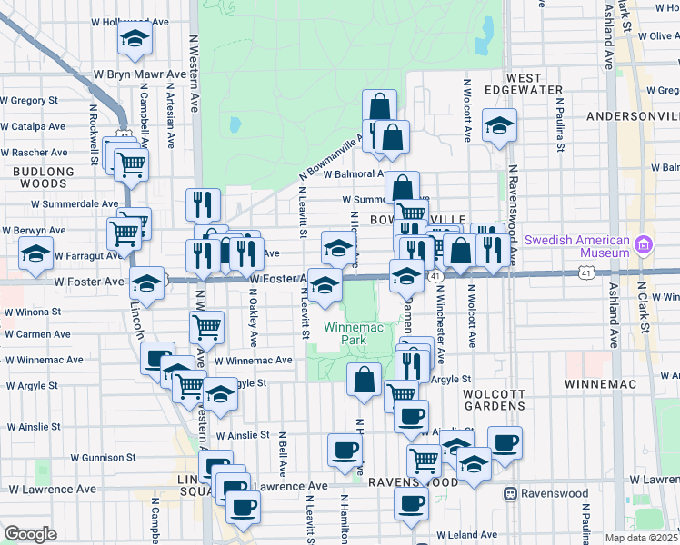 map of restaurants, bars, coffee shops, grocery stores, and more near 2116 West Foster Avenue in Chicago