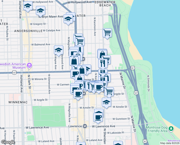 map of restaurants, bars, coffee shops, grocery stores, and more near 1049w West Foster Avenue in Chicago
