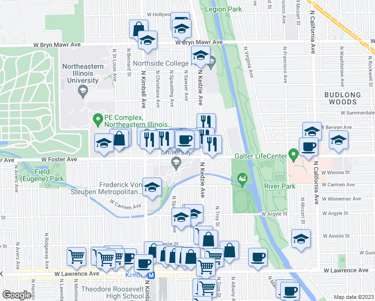 map of restaurants, bars, coffee shops, grocery stores, and more near 5210 North Sawyer Avenue in Chicago