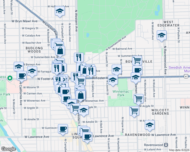 map of restaurants, bars, coffee shops, grocery stores, and more near 2250 West Foster Avenue in Chicago
