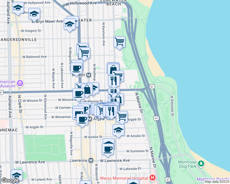 map of restaurants, bars, coffee shops, grocery stores, and more near in Chicago