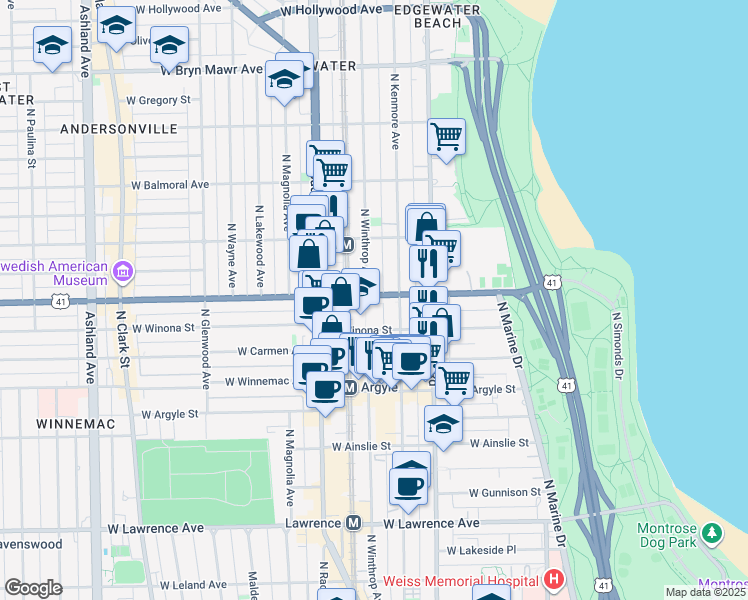 map of restaurants, bars, coffee shops, grocery stores, and more near 1049w West Foster Avenue in Chicago