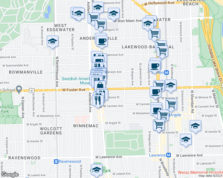 map of restaurants, bars, coffee shops, grocery stores, and more near 1433 West Foster Avenue in Chicago