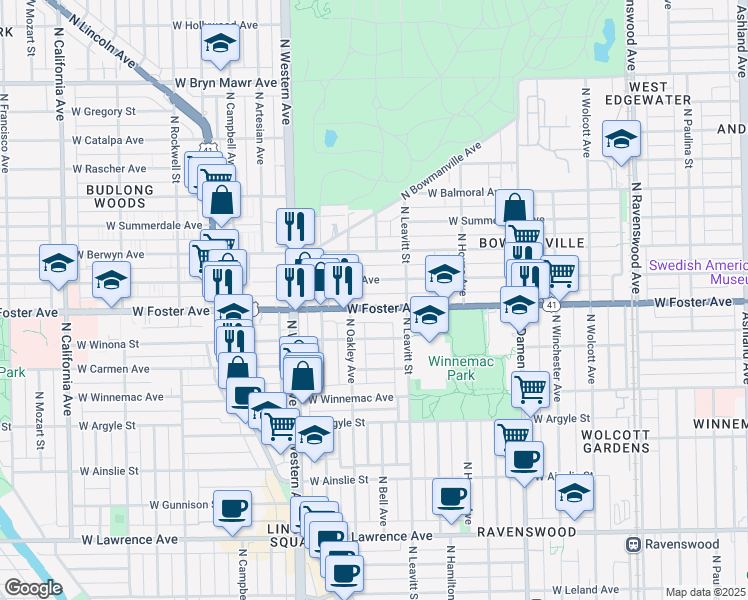 map of restaurants, bars, coffee shops, grocery stores, and more near 2228 West Foster Avenue in Chicago