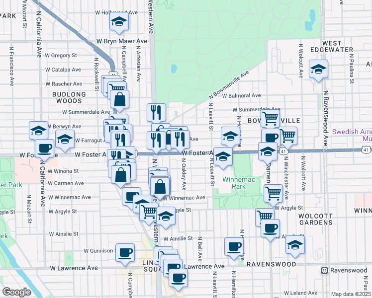 map of restaurants, bars, coffee shops, grocery stores, and more near 2300 West Foster Avenue in Chicago