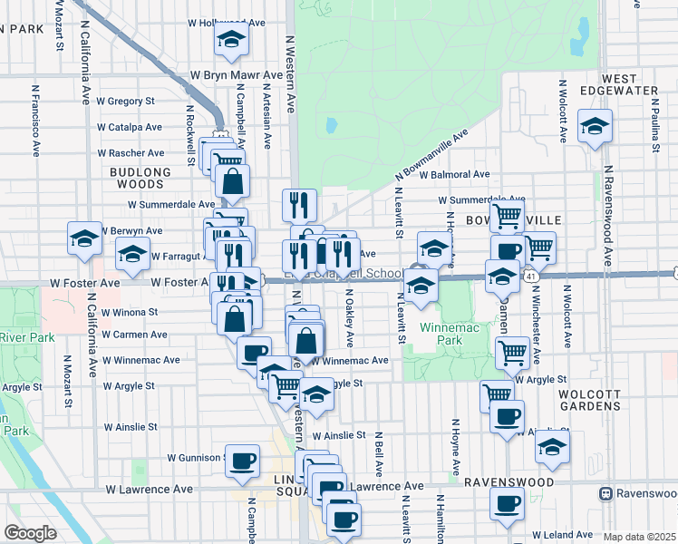 map of restaurants, bars, coffee shops, grocery stores, and more near 2300 West Foster Avenue in Chicago