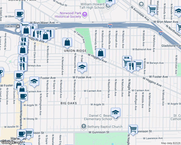 map of restaurants, bars, coffee shops, grocery stores, and more near 5215 North Rutherford Avenue in Chicago