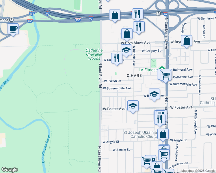 map of restaurants, bars, coffee shops, grocery stores, and more near 8759 West Summerdale Avenue in Chicago