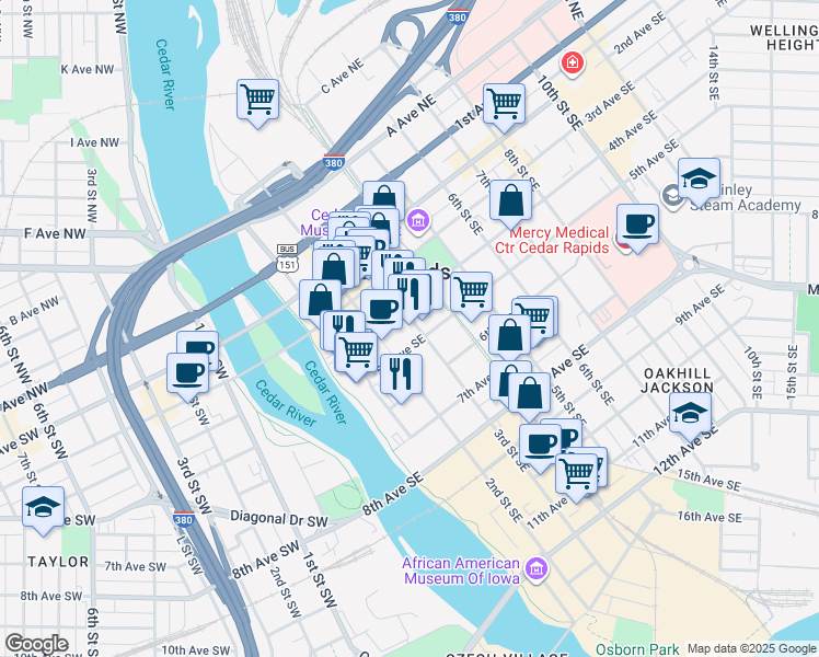 map of restaurants, bars, coffee shops, grocery stores, and more near 411 3rd Street Southeast in Cedar Rapids