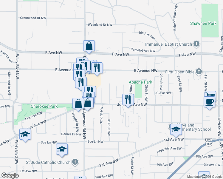 map of restaurants, bars, coffee shops, grocery stores, and more near 348 30th Street Northwest in Cedar Rapids