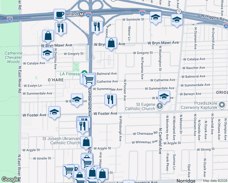 map of restaurants, bars, coffee shops, grocery stores, and more near 8300 West Berwyn Avenue in Chicago