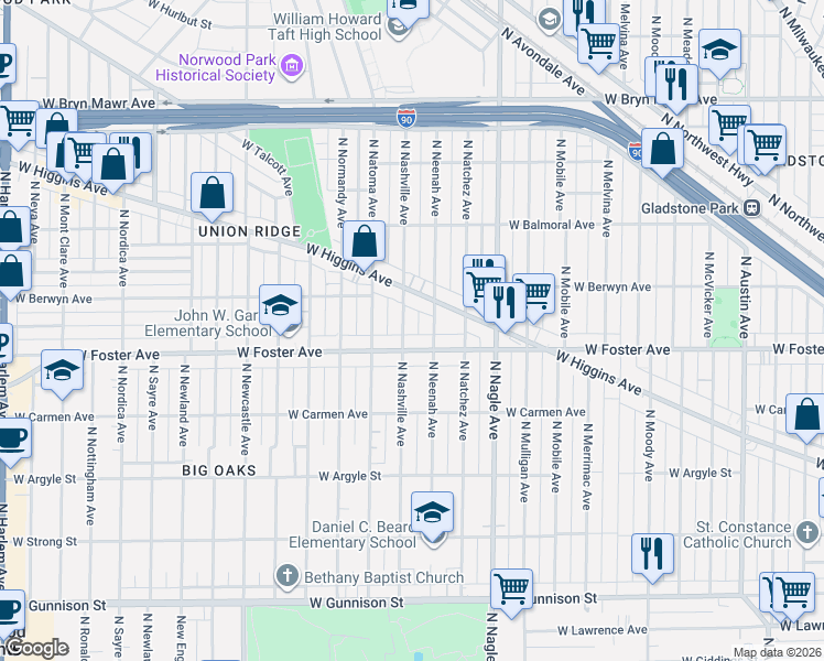 map of restaurants, bars, coffee shops, grocery stores, and more near 5206 North Neenah Avenue in Chicago