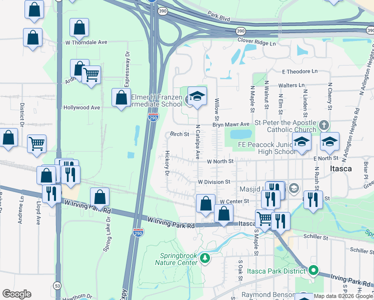 map of restaurants, bars, coffee shops, grocery stores, and more near 514 Catalpa Avenue in Itasca