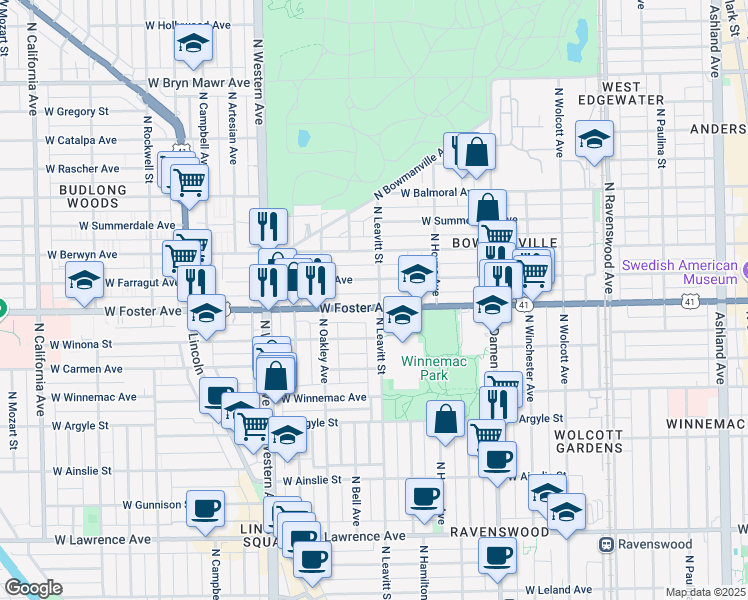 map of restaurants, bars, coffee shops, grocery stores, and more near 2204 West Foster Avenue in Chicago
