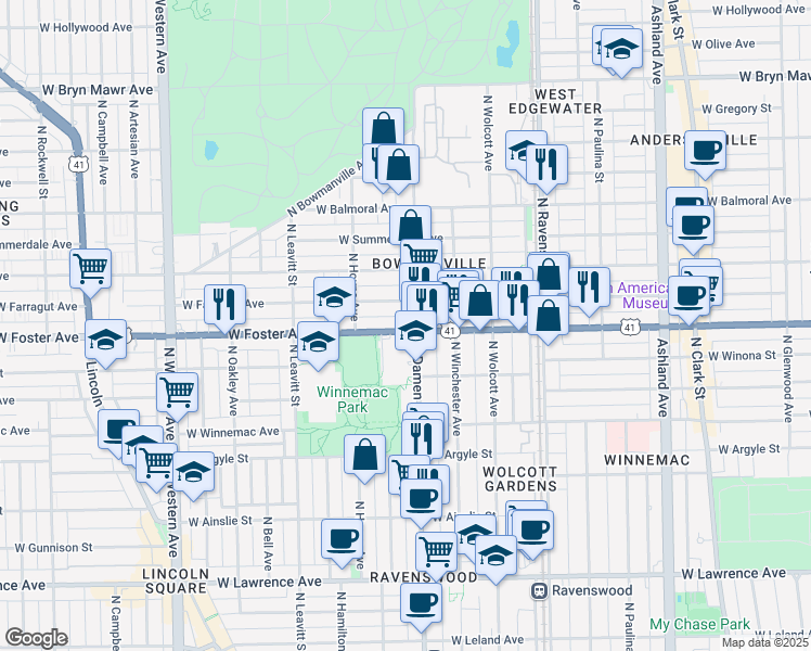 map of restaurants, bars, coffee shops, grocery stores, and more near in Chicago