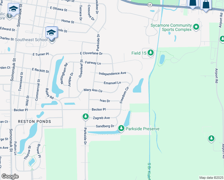 map of restaurants, bars, coffee shops, grocery stores, and more near 1161 Freedom Circle in Sycamore