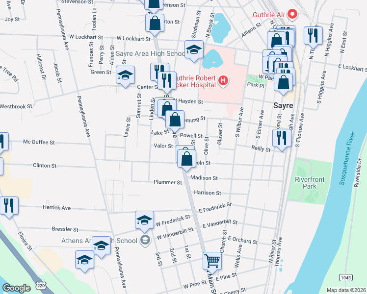 map of restaurants, bars, coffee shops, grocery stores, and more near 415 South Keystone Avenue in Sayre