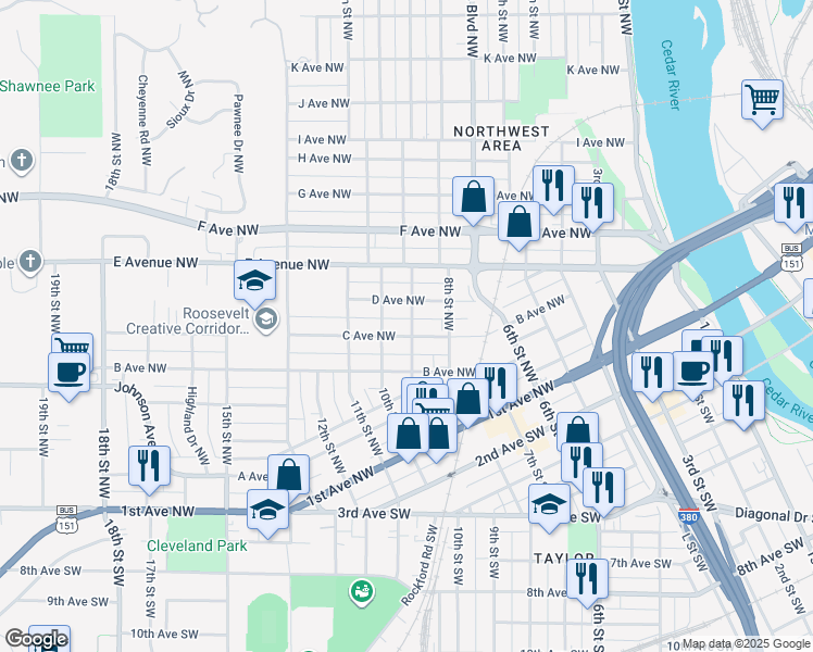 map of restaurants, bars, coffee shops, grocery stores, and more near 902 C Avenue Northwest in Cedar Rapids