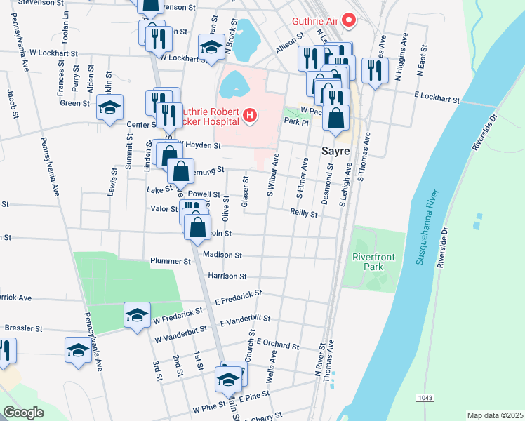 map of restaurants, bars, coffee shops, grocery stores, and more near 507-599 S Wilbur Ave in Sayre