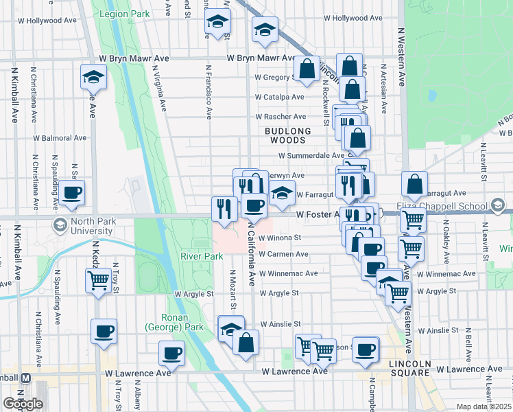 map of restaurants, bars, coffee shops, grocery stores, and more near 5215 North California Avenue in Chicago