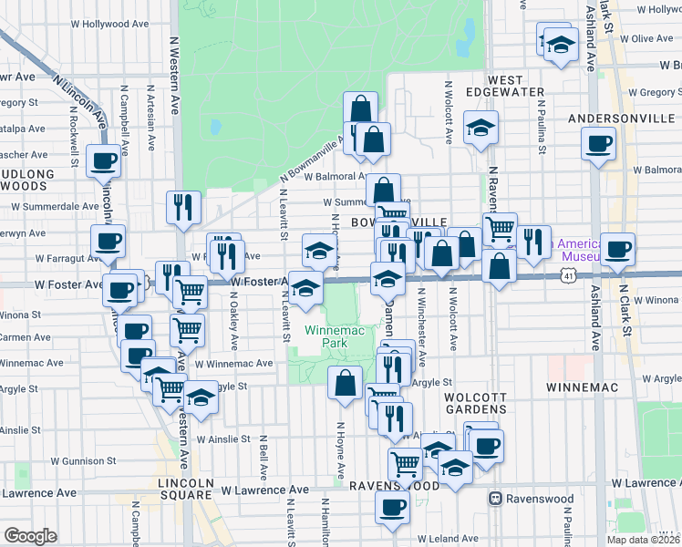 map of restaurants, bars, coffee shops, grocery stores, and more near 2058 West Foster Avenue in Chicago