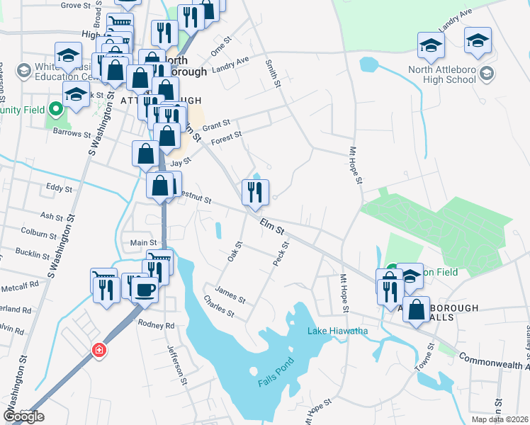 map of restaurants, bars, coffee shops, grocery stores, and more near 232 Chestnut Street in North Attleborough