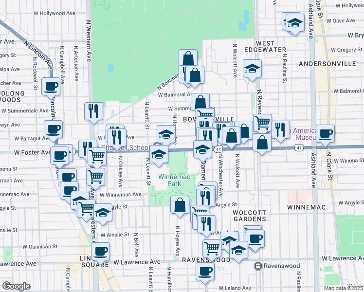 map of restaurants, bars, coffee shops, grocery stores, and more near 2042 West Foster Avenue in Chicago