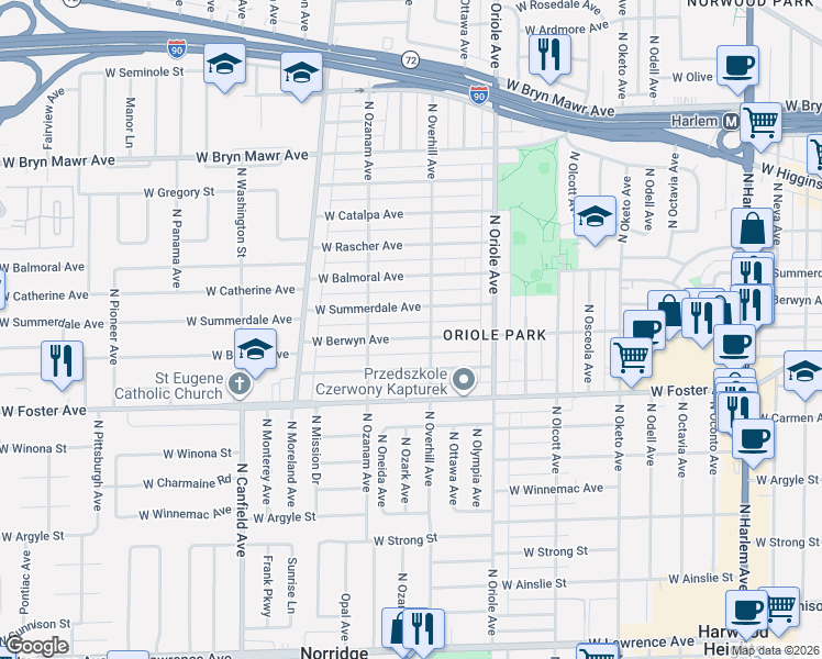 map of restaurants, bars, coffee shops, grocery stores, and more near 7728 West Berwyn Avenue in Chicago