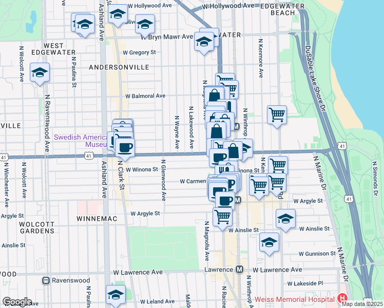 map of restaurants, bars, coffee shops, grocery stores, and more near W Foster Ave & N Lakewood Ave in Chicago