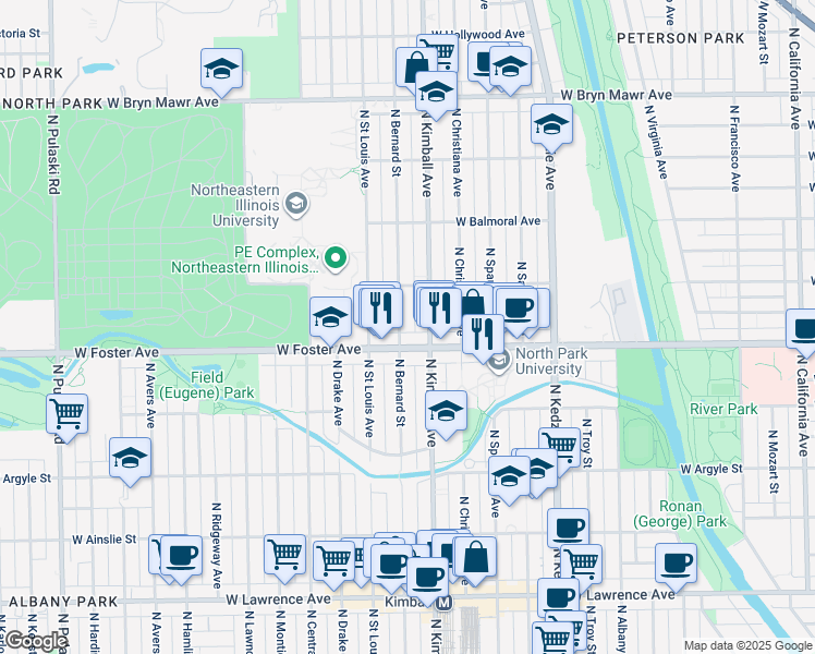 map of restaurants, bars, coffee shops, grocery stores, and more near 3412 West Foster Avenue in Chicago