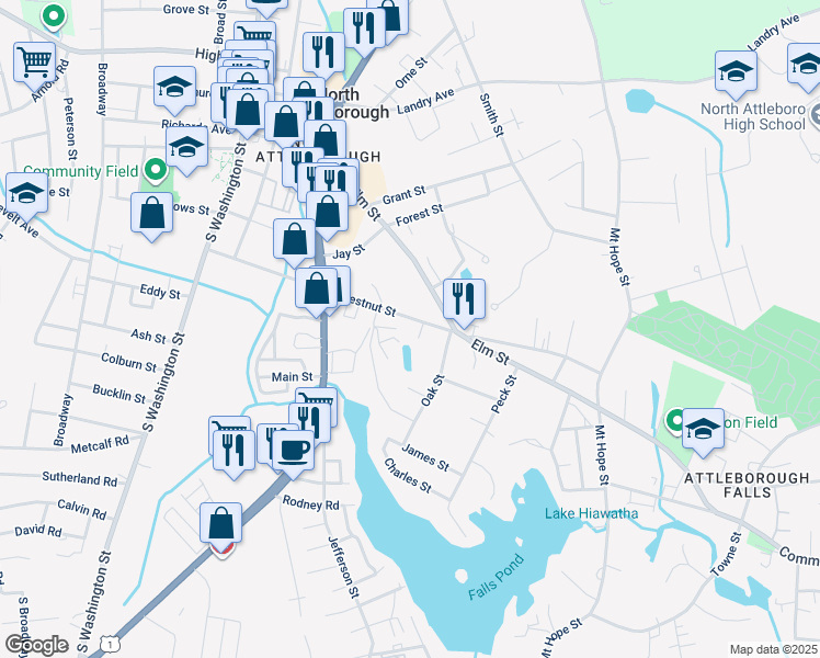 map of restaurants, bars, coffee shops, grocery stores, and more near 161 Charles Street in North Attleborough