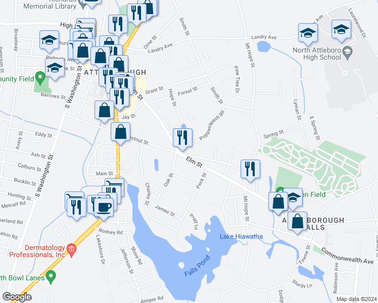 map of restaurants, bars, coffee shops, grocery stores, and more near 290 Elm Street in North Attleborough
