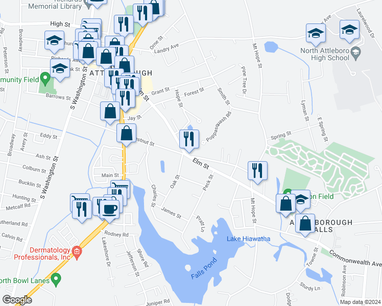 map of restaurants, bars, coffee shops, grocery stores, and more near 290 Elm Street in North Attleborough