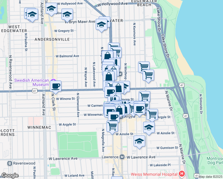 map of restaurants, bars, coffee shops, grocery stores, and more near in Chicago