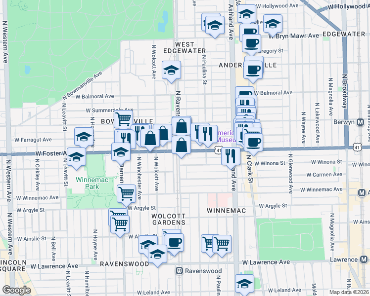 map of restaurants, bars, coffee shops, grocery stores, and more near 1737 West Foster Avenue in Chicago