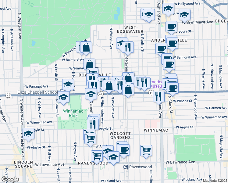 map of restaurants, bars, coffee shops, grocery stores, and more near in Chicago