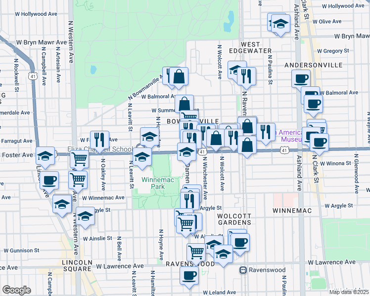 map of restaurants, bars, coffee shops, grocery stores, and more near in Chicago