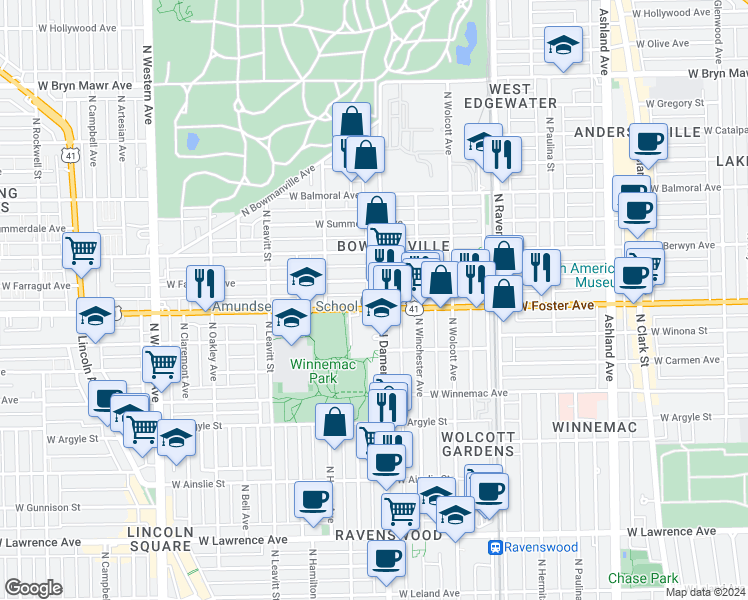 map of restaurants, bars, coffee shops, grocery stores, and more near in Chicago
