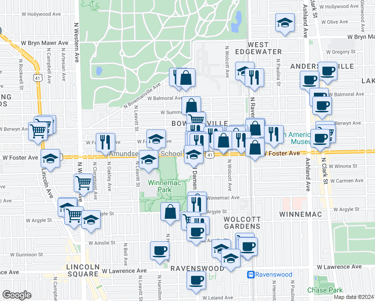 map of restaurants, bars, coffee shops, grocery stores, and more near in Chicago