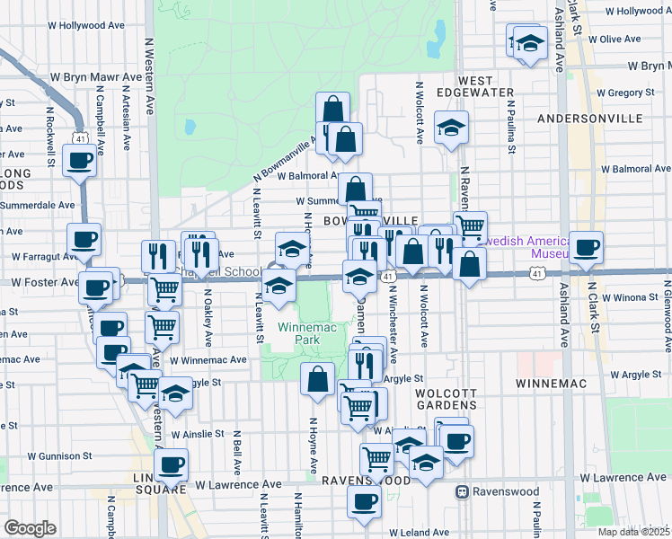 map of restaurants, bars, coffee shops, grocery stores, and more near 2042 West Foster Avenue in Chicago