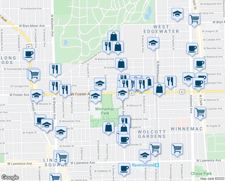map of restaurants, bars, coffee shops, grocery stores, and more near 2042 West Foster Avenue in Chicago