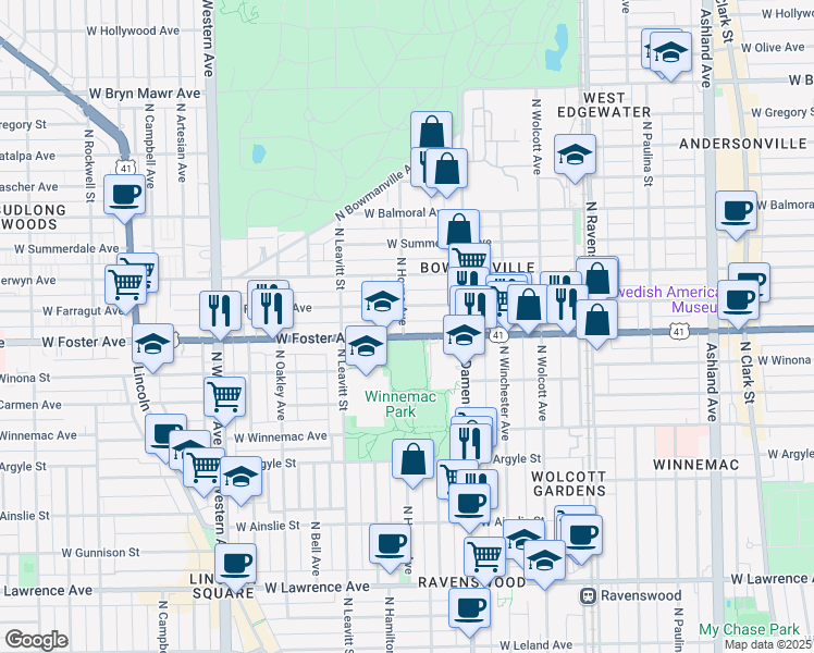 map of restaurants, bars, coffee shops, grocery stores, and more near 2042 West Foster Avenue in Chicago