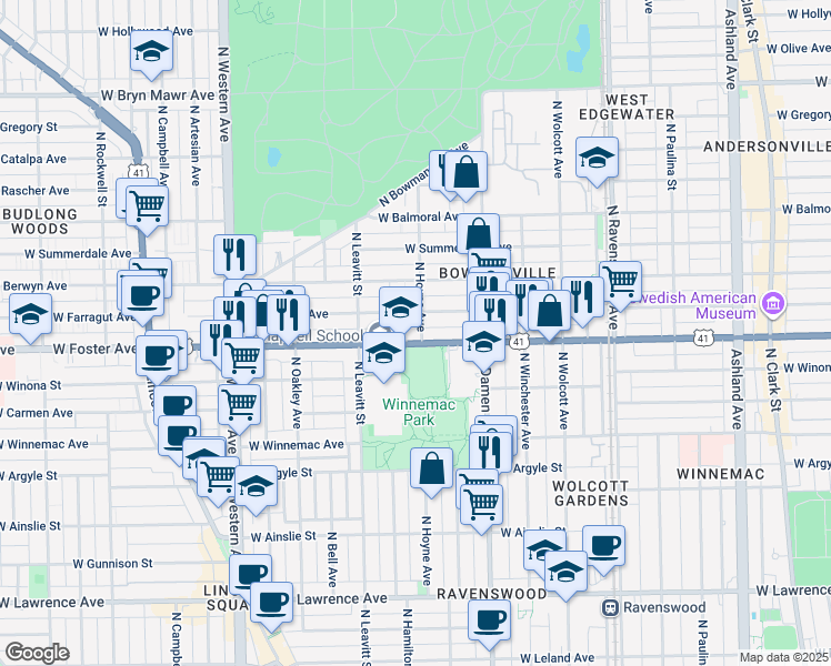 map of restaurants, bars, coffee shops, grocery stores, and more near 2116 West Foster Avenue in Chicago